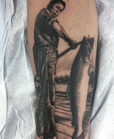 fisherman portrait tattoo in black and grey Strange World Tattoo Calgary Alberta Canada 