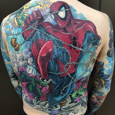 Tattoo back piece by Tattoo artist Brett Schwindt of Strange World Tattoo Spiderman 