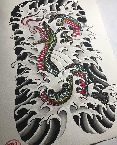 snake back tattoo in colour artwork painting Strange World Tattoo Calgary Alberta Canada 