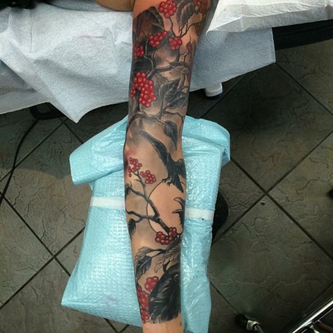 Full sleeve tattoo- branches and birds. Black and grey with red.