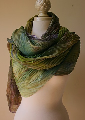 Shibori dyed silk scarf in  shades of green and purple