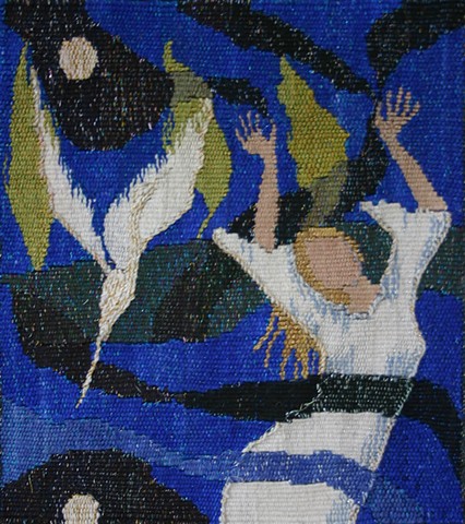 hand woven tapestry of  woman dancing under the moon with a white heron