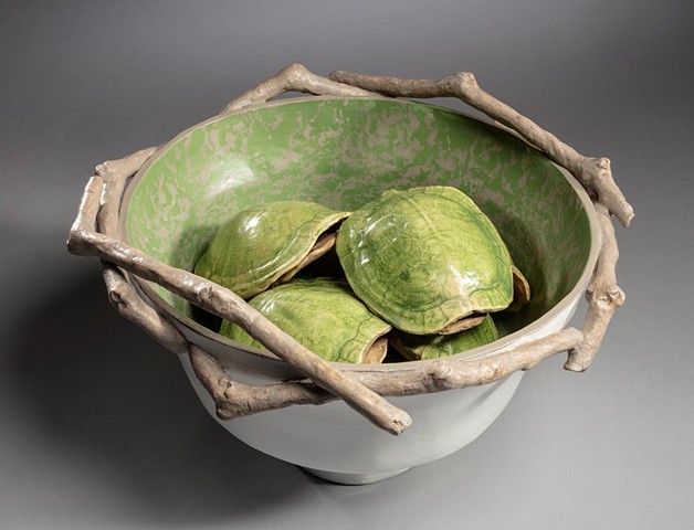 coil-built earthenware clay, oil paint, encaustic with press molds of water turtle shells