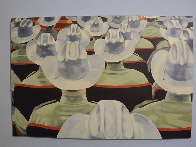 A room full of the backs of cowboy hats. Sheriff convention. 2nd painting.
