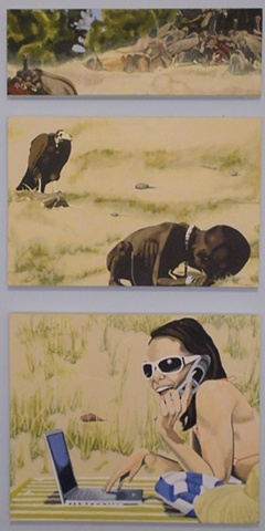 Sunbathers ignoring starving african child while the vulture waits. 1st painting(s)