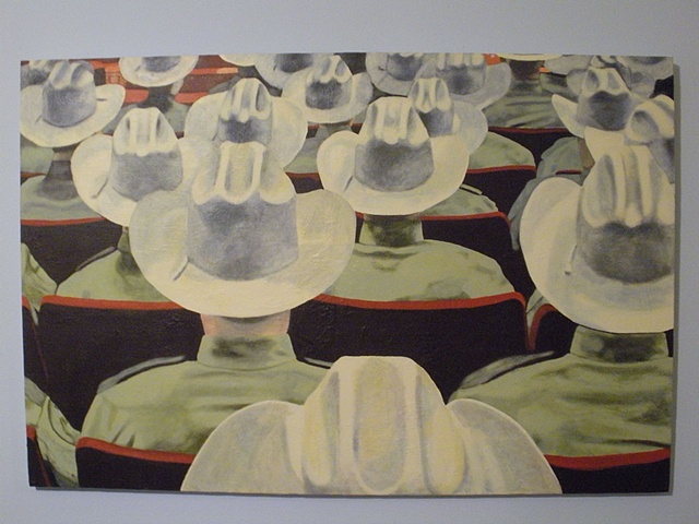 A room full of the backs of cowboy hats. Sheriff convention. 1st painting.