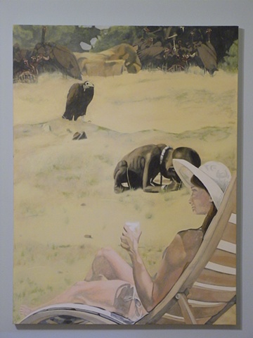 Sunbathers ignoring starving african child while the vulture waits. 3rd painting(s)