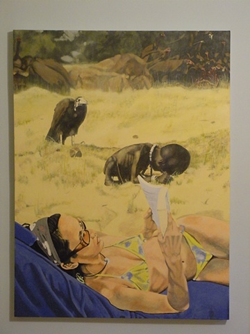 Sunbathers ignoring starving african child while the vulture waits. 2nd painting(s)