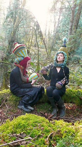Nature Drag Forest Installation:  Czarista Kelp Hat & Stole with Victiorian Squash Blossom Party Hat