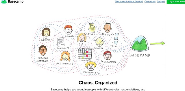 Screenshot of Basecamp Marketing homepage with my illustration