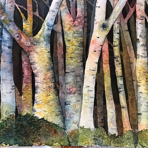 Birches in watercolor, a negative space study