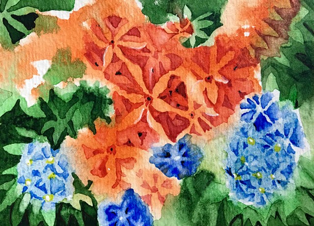 An abstract watercolor of lilies and forget me nots.