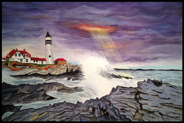A watercolor painting of a stormy day at Portland Head Light in Maine