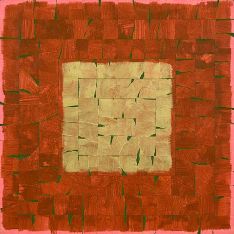 Gold square within raw sienna field painted on pink paper with green accents.