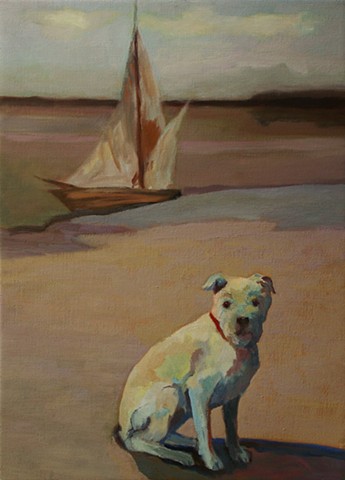 Dog art pet portrait painting of Pit Bull on beach with sail boat