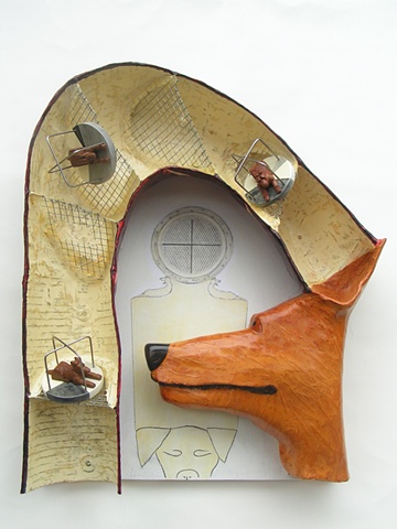 wall relief assemblage, with drawing, depicting dogs, inspired by the dog adoption process, by Roy Jenuine   