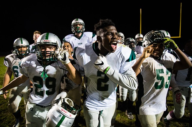 York County Tech's Jordan Ray, center, celebrates a win over Fairfield High School in YAIAA Division II football on Oct. 14, 2016. The team traditionally struggled in the division but made strides in the 2016 season.