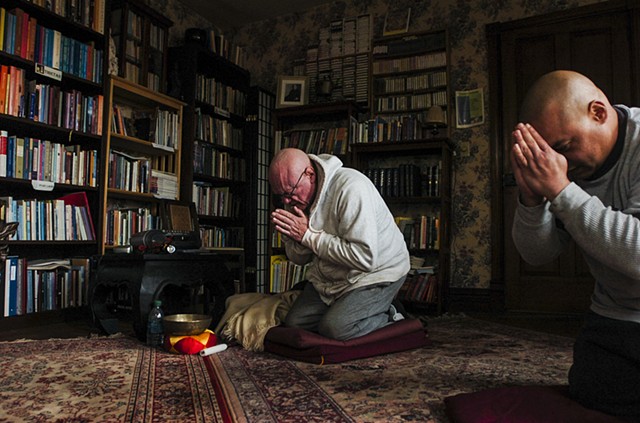 John Mulligan, known as his Buddhist name Sivali, 76, left, and Angel Correa, called Rahula in his formal Buddhist name, 42, right, begin their daily meditation on March 18 2014 at Bodhi House in Mount Joy Township. Mulligan has dedicated to helping teach