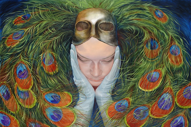 unmasked, a woman wearing a peacock mask