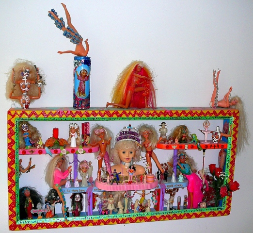 jenniferbeinhacker.com  “Barbie doll assemblage” “Barbie dolls” assemblage “self taught” candles “religious figures” “jesus Christ” nuns shells stones bones “match box art” “art in a match box” “wonder woman” ballerina batman beads flowers birds “religiou