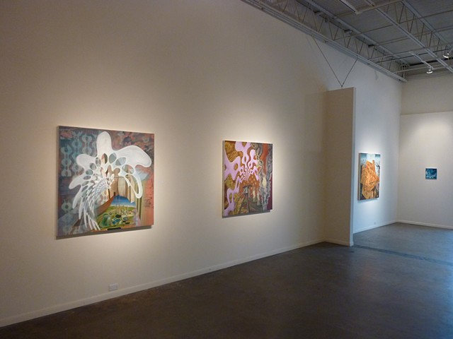 The Architecture of Social Hope- Oil Painting on Board & Canvas - 48" x 48" & "Mugwort Zone" - Egg Tempera and Oil on Canvas on Board - 48" x 48"  & Sol  Invictus - Oil Painting on Board & Canvas - 48" x 48".