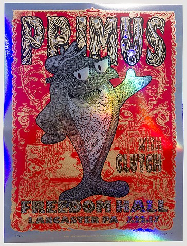 Primus Tour Poster: Fish On (Variant: Rainbow Foil)

Commissioned by Primus exclusively for their July 22nd, 2017 performance at Freedom Hall in Lancaster, PA.

Variant: Rainbow Foil

Four color screen print on rainbow foil paper 
Signed & numbered 
Limit