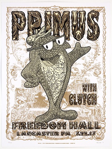 Primus Tour Poster: Fish On, 2017 (Variant: White)

Commissioned by Primus exclusively for their July 22nd, 2017 performance at Freedom Hall in Lancaster, PA.

Variant: White

3 color screen print 
Signed & numbered 
Limited Edition of 40 
Size: 24 x 18 i