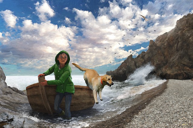 Digital painting, seaside, dog, boy