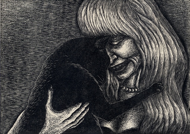 Image of a woman with a cat made created using wood engraving printing method