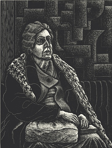 Image of woman sitting and waiting created using wood engraving printing method