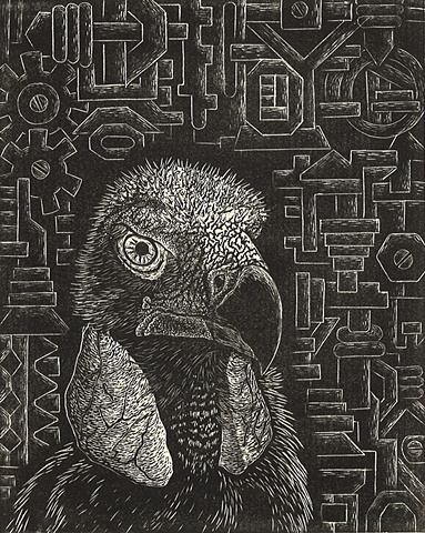 image of a vulture or buzzard in front of machine parts created using wood engraving printing method