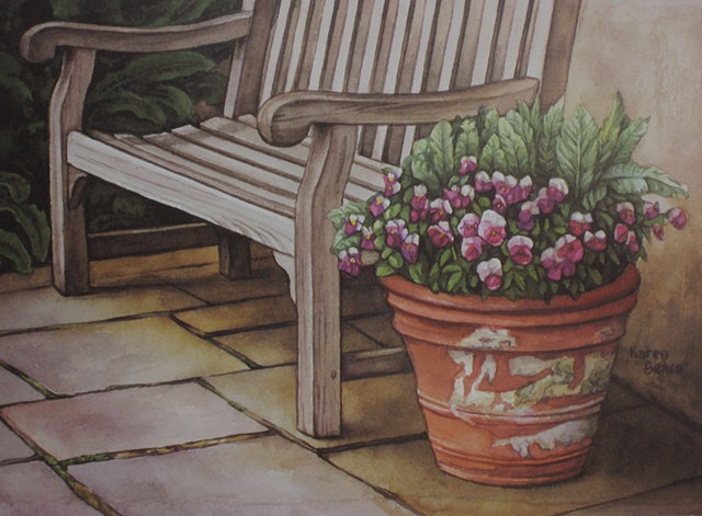 Bench with Pansies-Unframed