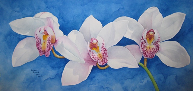 Orchids White Trio on Blue-Unframed
