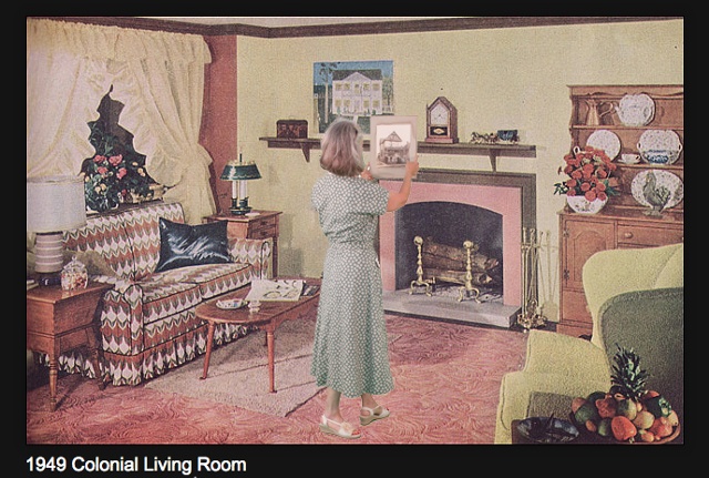1949 Colonial Living Room (hanging photo of original family home).