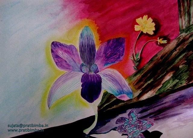 Conceptual water color and soft pastel painting on paper of flowers