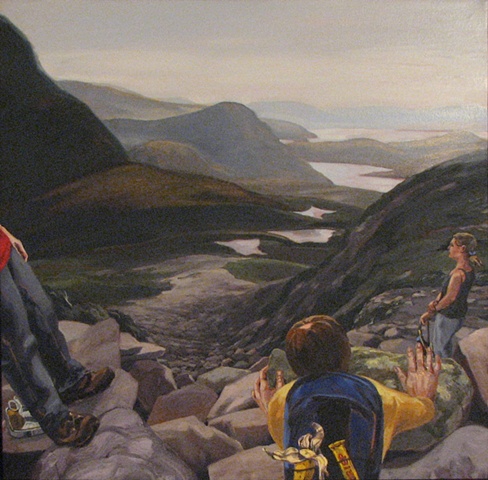 painting of hiking up Gros Morne Mountain Newfoundland, with three hikers looking at scree by Chris Mona
