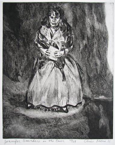 intaglio print of British comedienne Jennifer Saunders clutching a purse as a visionary experience in a cave by Chris Mona