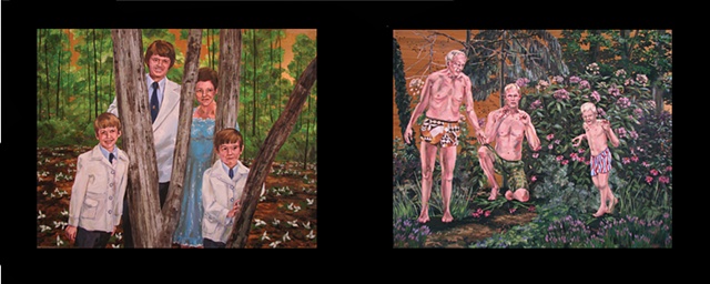 painting on two panels of the Christian singing group the DeLauder Family and Chris Mona shown in old age, present, and as a child in his backyard garden