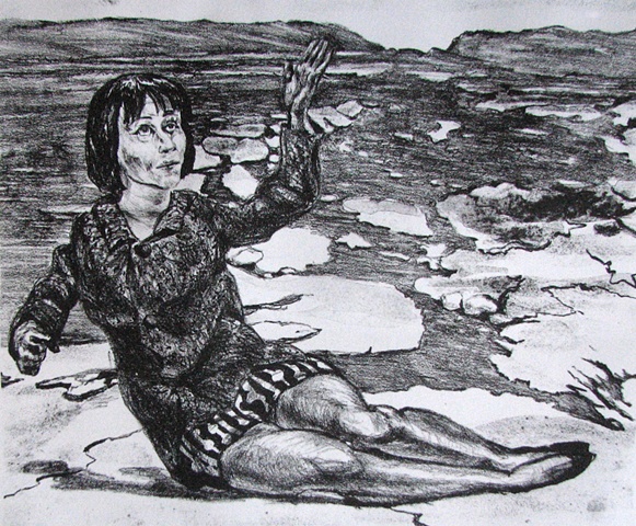 lithograph of the British actress Rita Tushingham reclining and waving as a visionary experience on the planet Venus in a rocky landscape east of Phoebe Regio by Chris Monaenus, East of Phoebe Regio