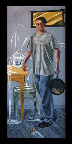 painting of Gabe Funes carrying a frying pan, with a jug of milk shot through and pouring milk by Chris Mona