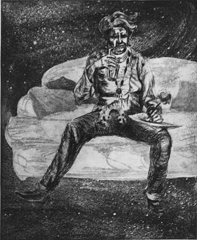 intaglio print of American comedienne Amy Sedaris sitting on a couch as a visionary experience in a galactic setting by Chris Mona