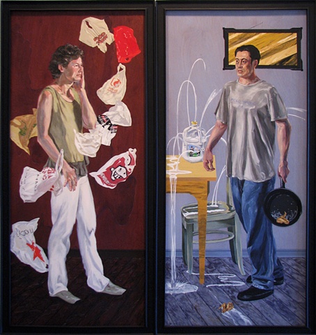painting of Tina Ward surrounded by shopping bags and Gabe Fubes in a domestic setting by Chris Mona