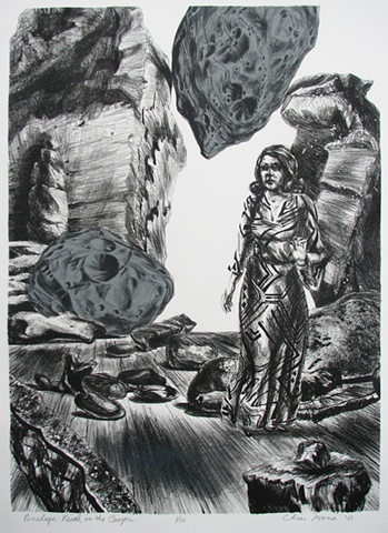 lithograph of the British comedienne Penelope Keith in a 1970's dress as a visionary experience in a canyon setting with the moons of Mars Deimos and Phobos by Chris Mona