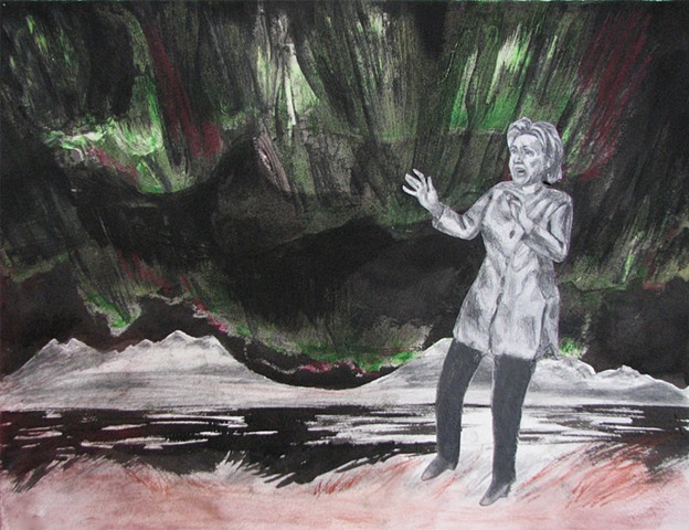 drawing of Hillary Clinton and Northern Lights by Chris Mona