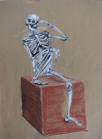 drawing of seated skeleton by Chris Mona