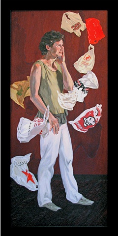 painting of Tina Ward in a vortex of shopping bags by Chris Mona