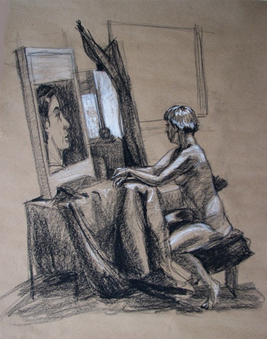 drawing of interior with Female Nude by Chris Mona