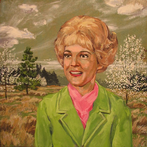 painting on wood panel of the Christian singer from the 1970's Carole Prond with pear trees in blossom and pine trees by Chris Mona