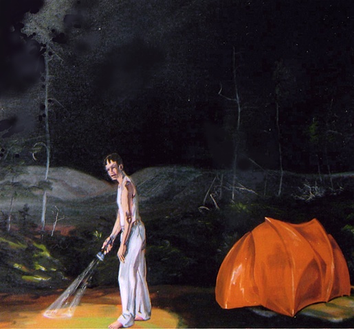 painting of camping at night with man in pajamas with flashlight in Newfoundland by Chris Mona