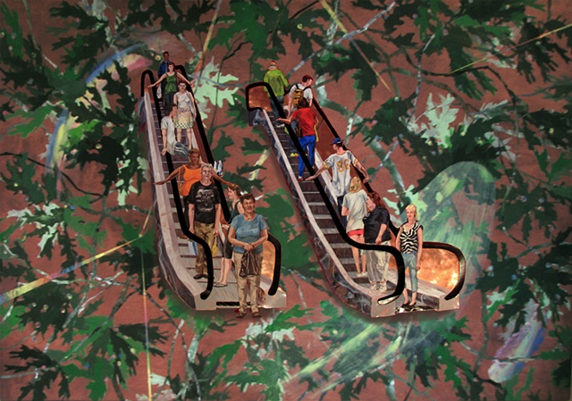 painting of oak leaves and people riding escalators by Chris Mona